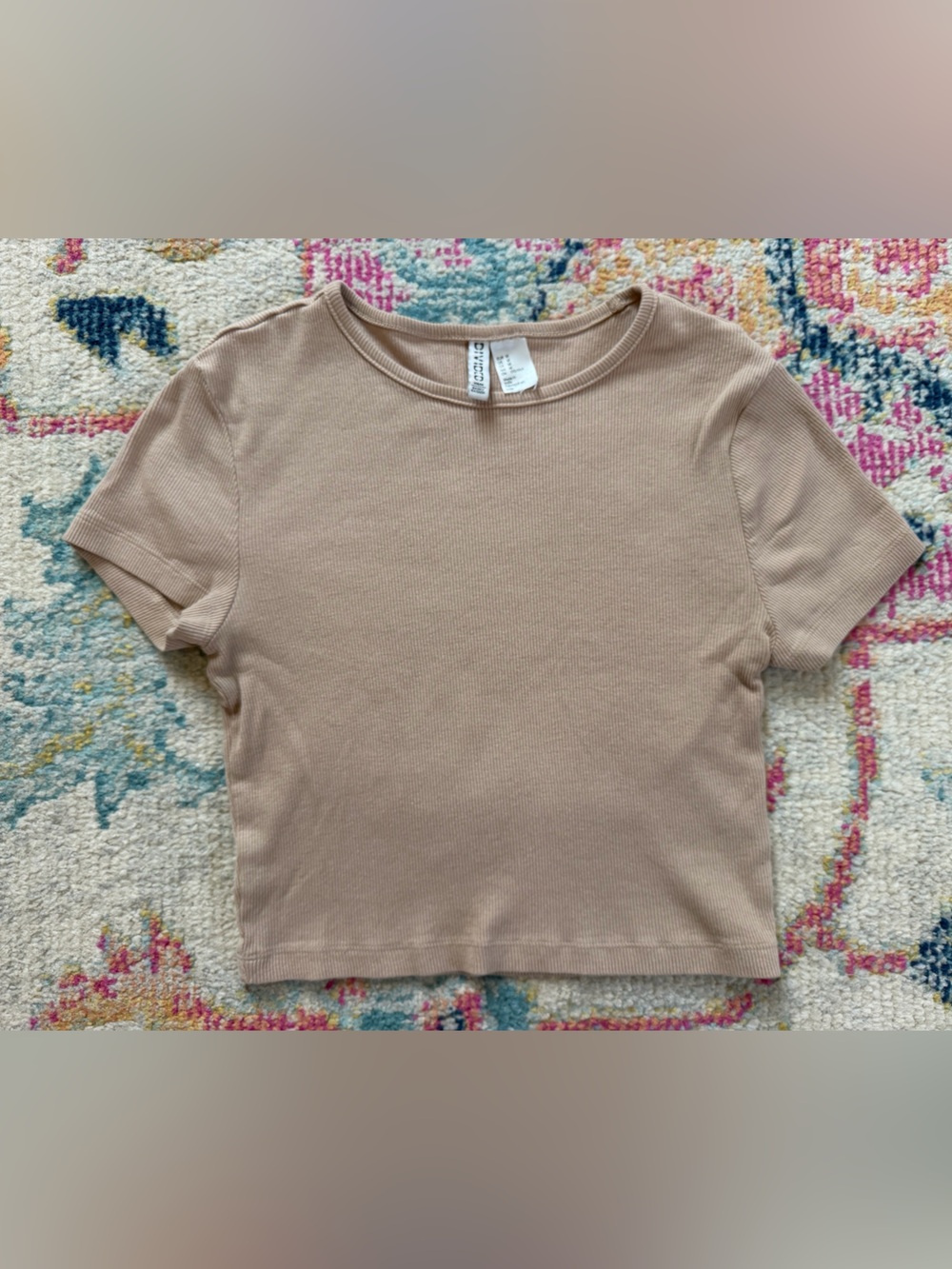 H&M Divided Ribbed Crop Cotton Tee Shirt Tan Medium
